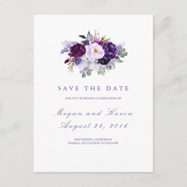 Purple Flowers Romantische Save the Date Ankündigungspostkarte (Vorderseite)