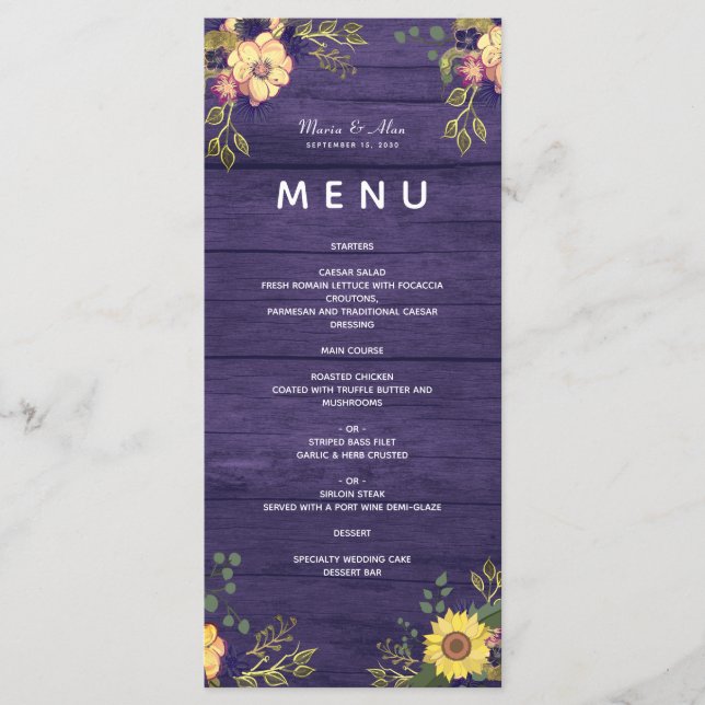 Purple Flowers Rustic Wedding Menu Menükarte (Vorderseite)