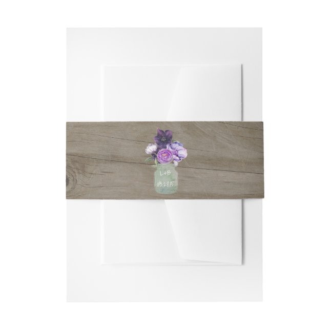 Purple Flowers Rustic Wood Mason Jar Wedding Einladungsbanderole (Vorderseite Beispiel)