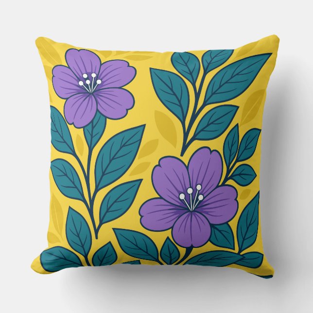 Purple Flowers & Teal Leaves on Yellow Background Kissen (Vorderseite)