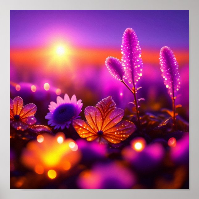 Purple Flowers und Dew Drops Foto Poster (Vorne)