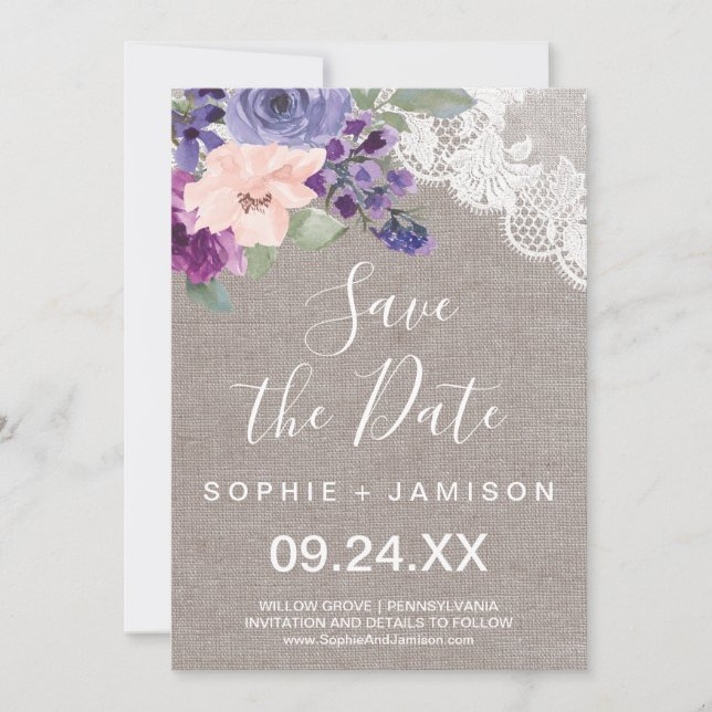 Purple Flowers und Lace Save the Date Card (Vorderseite)