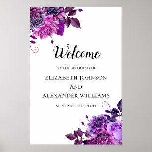 Purple flowers welcome sign. Wedding floral print Poster
