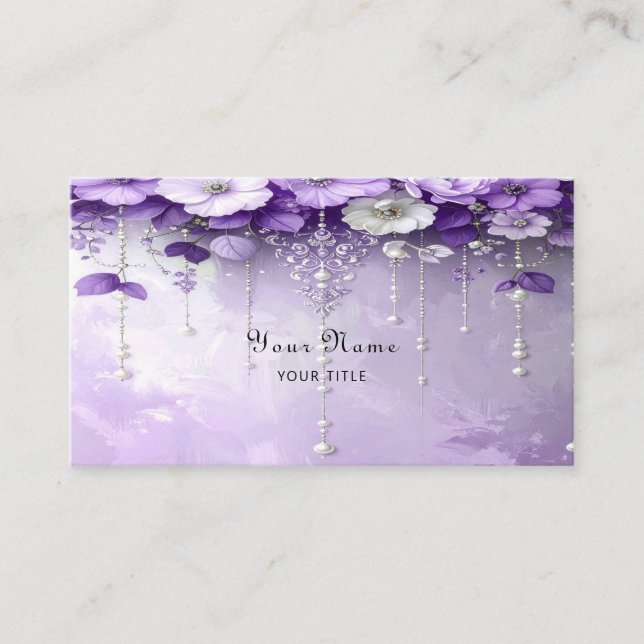 Purple Flowers with Dangling Pearls Business Card Visitenkarte (Vorderseite)