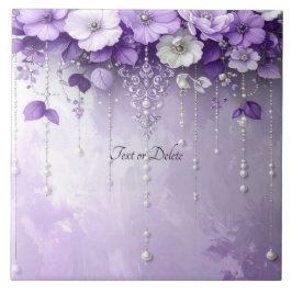 Purple Flowers with Dangling Pearls Ceramic Tile Fliese