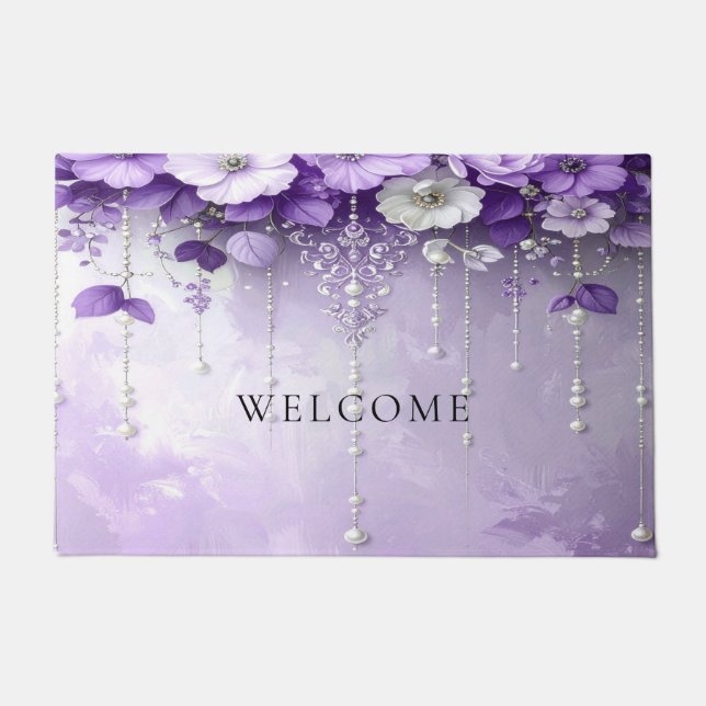 Purple Flowers with Dangling Pearls Doormat Fußmatte (Vorderseite)