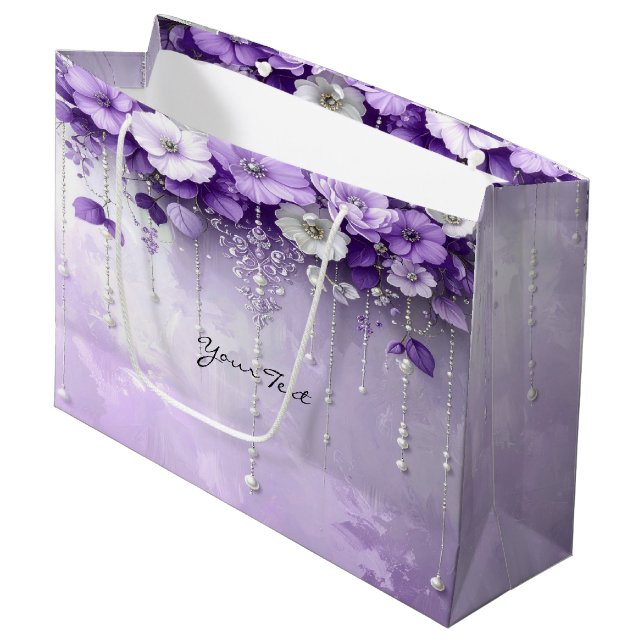 Purple Flowers with Dangling Pearls Gift Bag Große Geschenktüte (Vorderseite Schrägansicht)