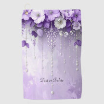 Purple Flowers with Dangling Pearls Golf Towel