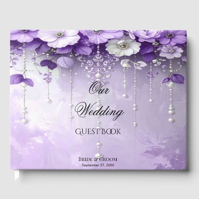 Purple Flowers with Dangling Pearls Guest Book Gästebuch (Vorderseite)