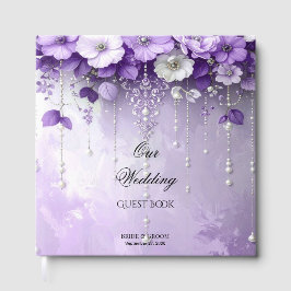 Purple Flowers with Dangling Pearls Guest Book Gästebuch