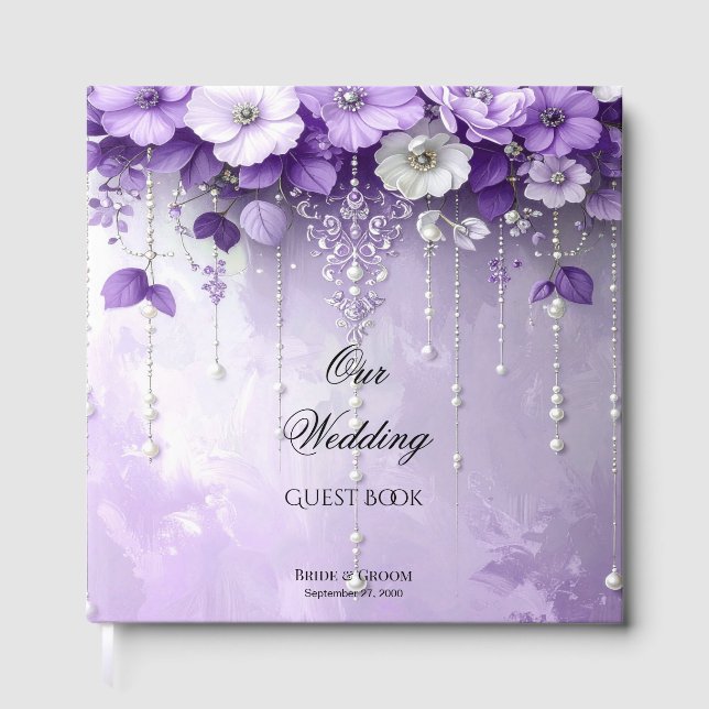 Purple Flowers with Dangling Pearls Guest Book Gästebuch (Vorderseite)