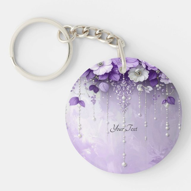 Purple Flowers with Dangling Pearls Keychain Schlüsselanhänger (Vorderseite)