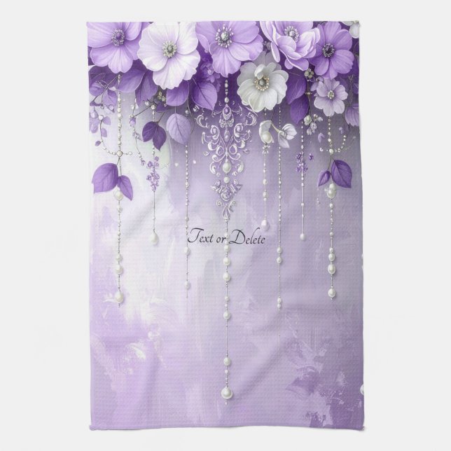 Purple Flowers with Dangling Pearls Kitchen Towel Geschirrtuch (Vertikal)