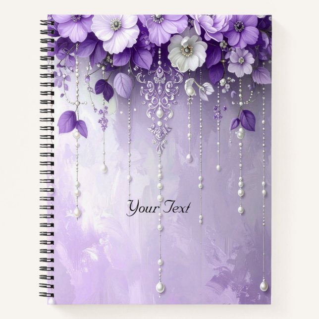 Purple Flowers with Dangling Pearls Notebook Notizbuch (Vorderseite)