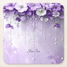 Purple Flowers with Dangling Pearls Paper Coaster Rechteckiger Pappuntersetzer