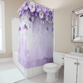 Purple Flowers with Dangling Pearls Shower Curtain Duschvorhang