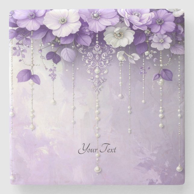 Purple Flowers with Dangling Pearls Stone Coaster Steinuntersetzer (Vorderseite)