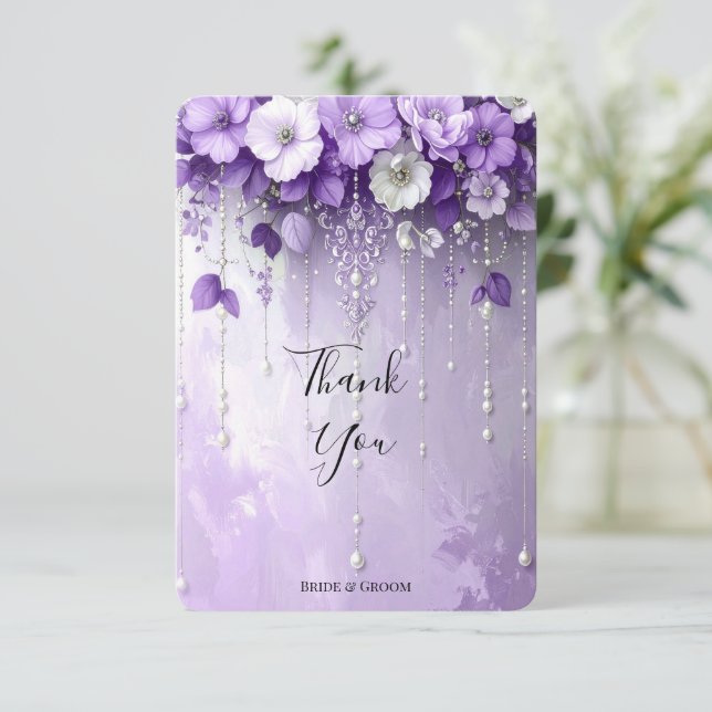 Purple Flowers with Dangling Pearls Thank You Card Dankeskarte (Stehend Vorderseite)