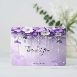 Purple Flowers with Dangling Pearls Thank You Card Dankeskarte
