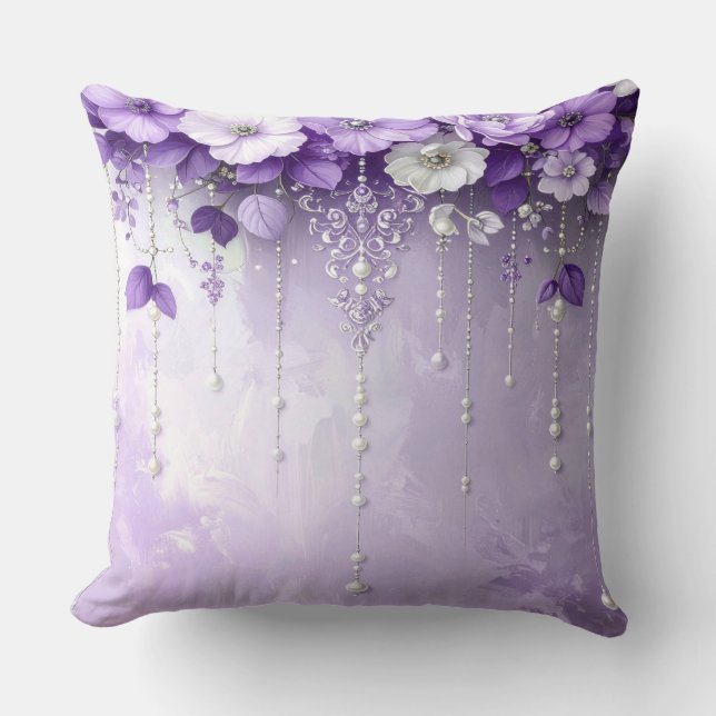 Purple Flowers with Dangling Pearls Throw Pillow Kissen (Vorderseite)