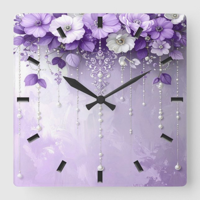 Purple Flowers with Dangling Pearls Wall Clock Quadratische Wanduhr (Vorderseite)