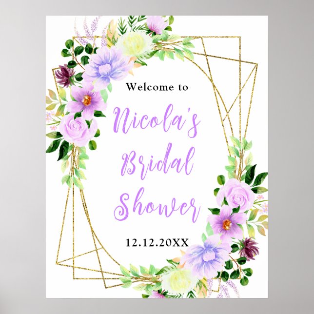 Purple Flowers with Foliage Bridal Shower Welcome Poster (Vorne)