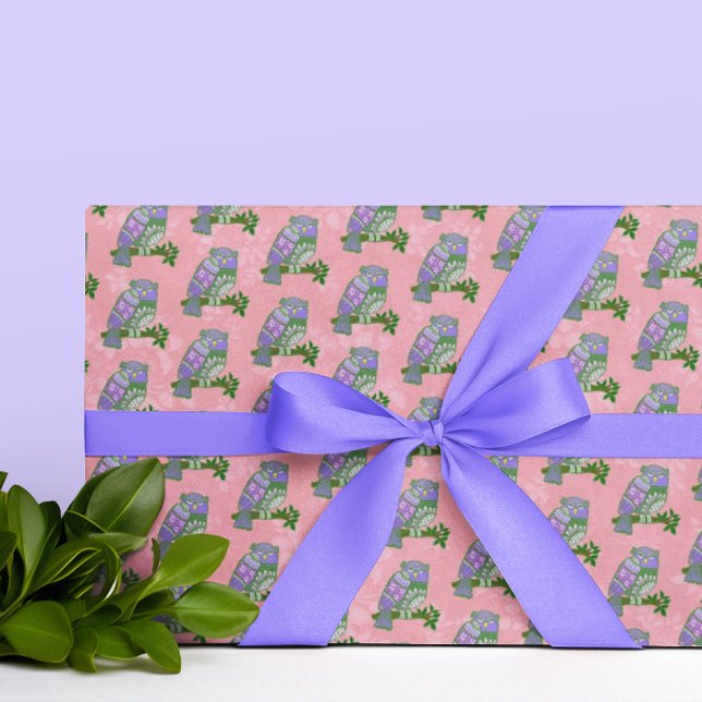 Purple Folk Art Owls on Pink Background Geschenkpapier (Folk Art Owls make a fun wrapping paper!)