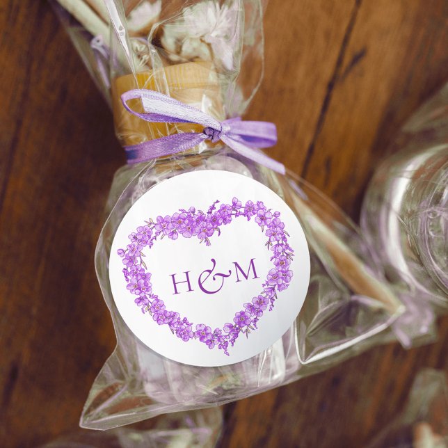 Purple forget me nots inked art wedding monogram runder aufkleber (Von Creator hochgeladen)