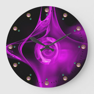 PURPLE FRACTAL ROSE IN BLACK, PINK GEMSTONES GROßE WANDUHR