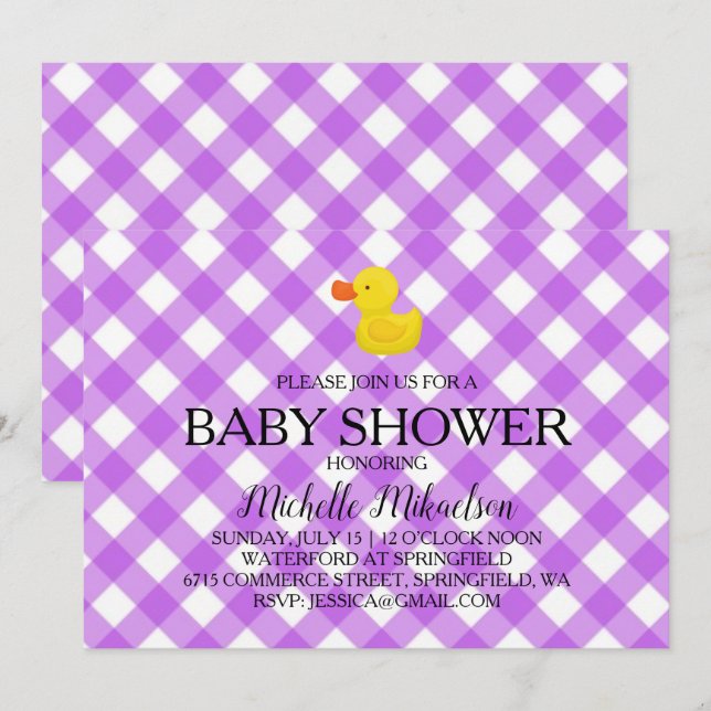 Purple Gingham Rubber Duckie Baby Shower Einladung (Vorne/Hinten)