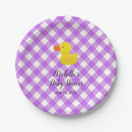 Purple Gingham Rubber Duckie Baby Shower Pappteller