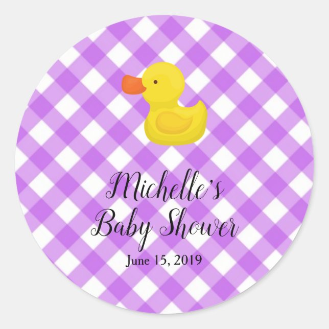 Purple Gingham Rubber Duckie Baby Shower Runder Aufkleber (Vorderseite)