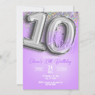 Purple Glitter 10th Birthday Invitation Einladung