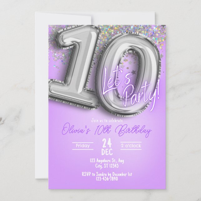 Purple Glitter 10th Birthday Invitation Einladung (Vorderseite)