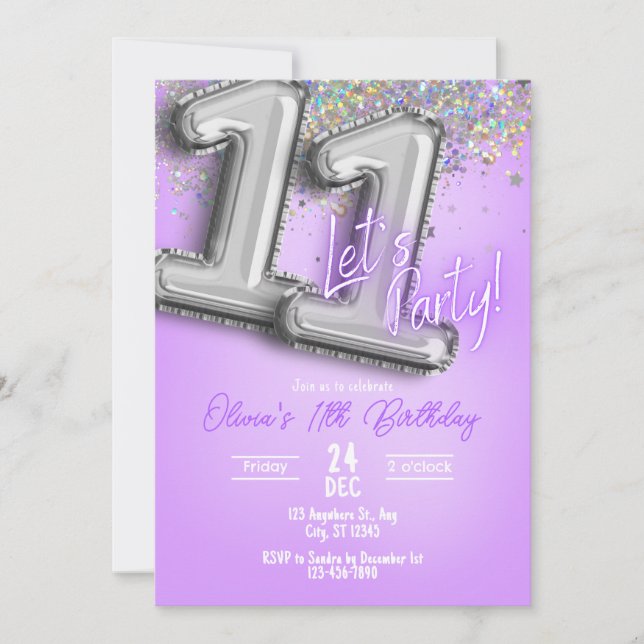 Purple Glitter 11th Birthday Invitation Einladung (Vorderseite)