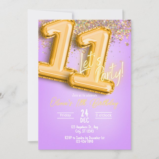 Purple Glitter 11th Birthday Invitation Einladung (Vorderseite)
