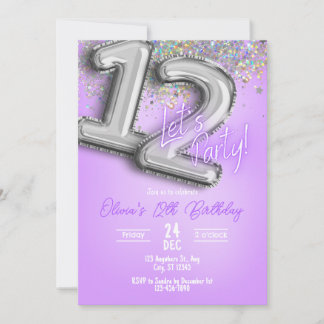 Purple Glitter 12th Birthday Invitation Einladung