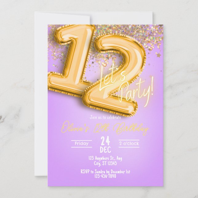 Purple Glitter 12th Birthday Invitation Einladung (Vorderseite)