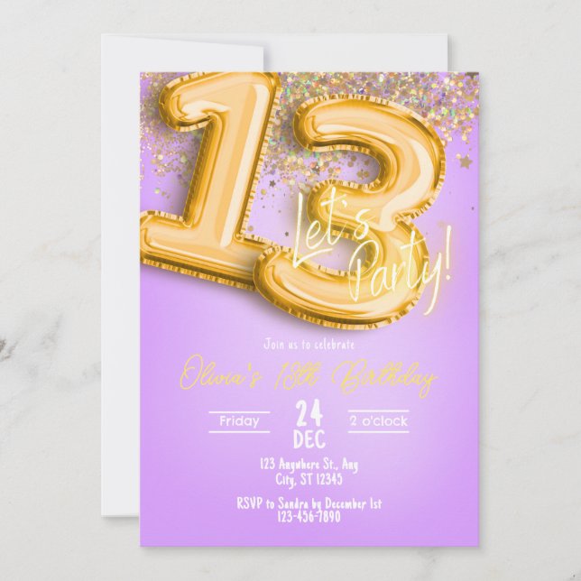 Purple Glitter 13th Birthday Invitation Einladung (Vorderseite)