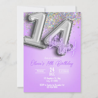 Purple Glitter 14th Birthday Invitation Einladung