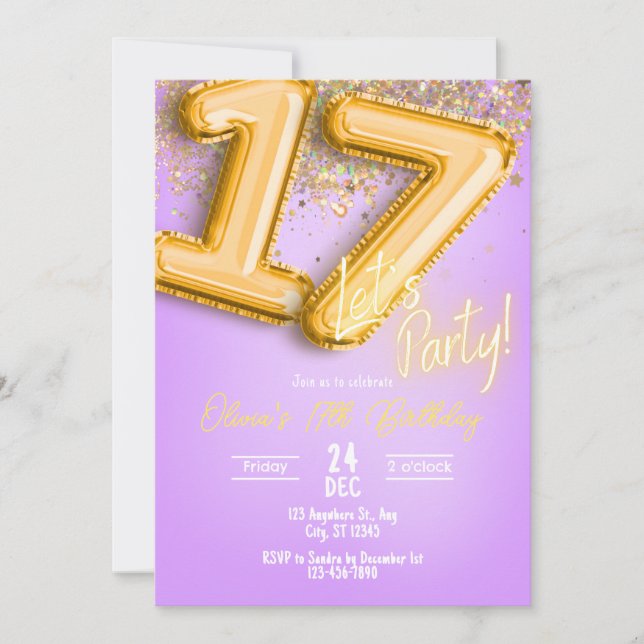 Purple Glitter 17th Birthday Invitation Einladung (Vorderseite)