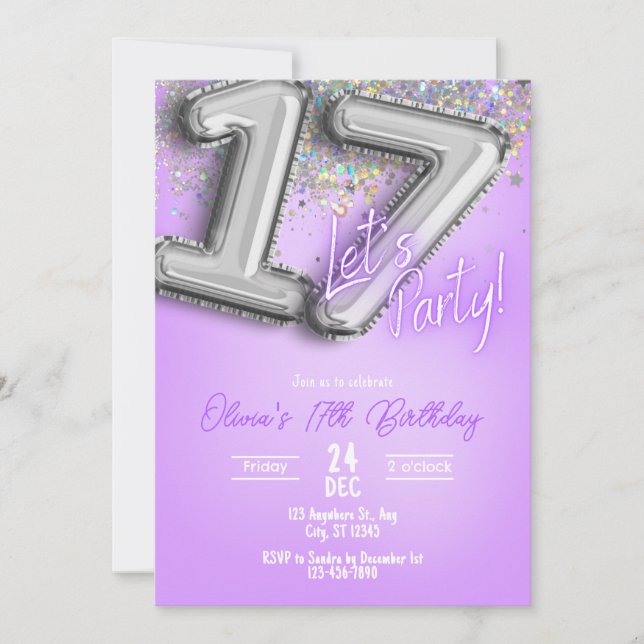 Purple Glitter 17th Birthday Invitation Einladung (Vorderseite)
