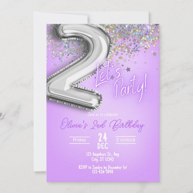 Purple Glitter 2nd Birthday Invitation Einladung (Vorderseite)
