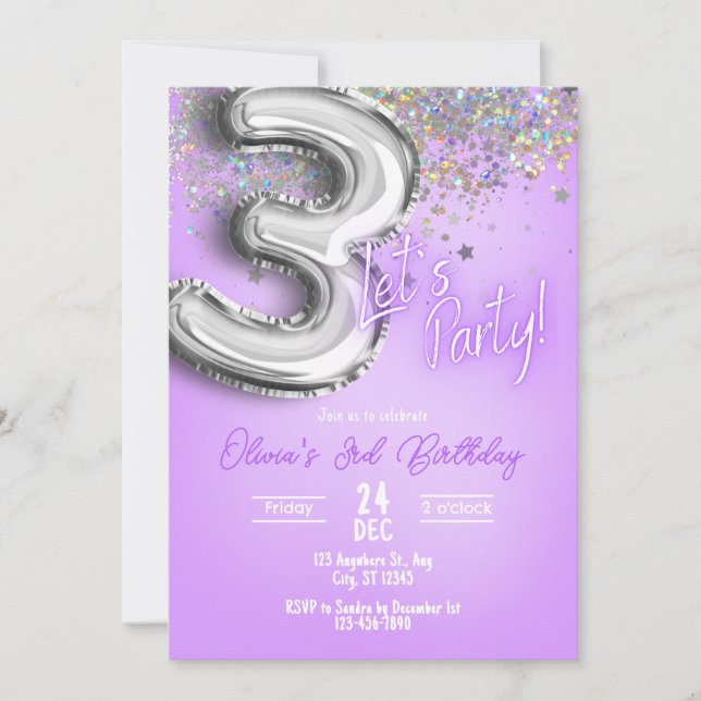 Purple Glitter 3rd Birthday Invitation Einladung (Vorderseite)