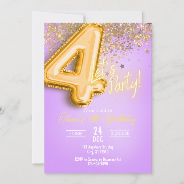 Purple Glitter 4th Birthday Invitation Einladung (Vorderseite)