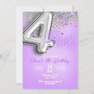 Purple Glitter 4th Birthday Invitation Einladung