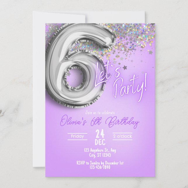Purple Glitter 6th Birthday Invitation Einladung (Vorderseite)