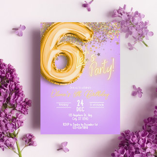 Purple Glitter 6th Birthday Invitation Einladung