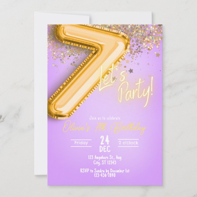 Purple Glitter 7th Birthday Invitation Einladung (Vorderseite)