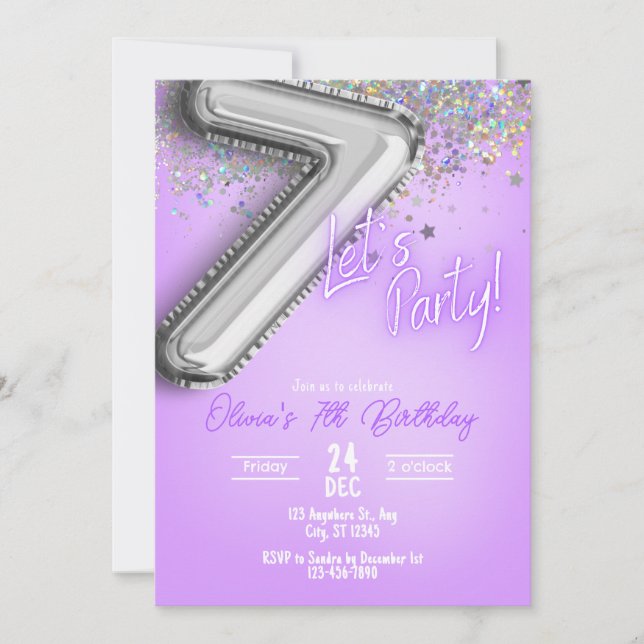 Purple Glitter 7th Birthday Invitation Einladung (Vorderseite)
